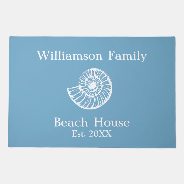Beach House Shell Blue Monogrammed Doormat (Front)