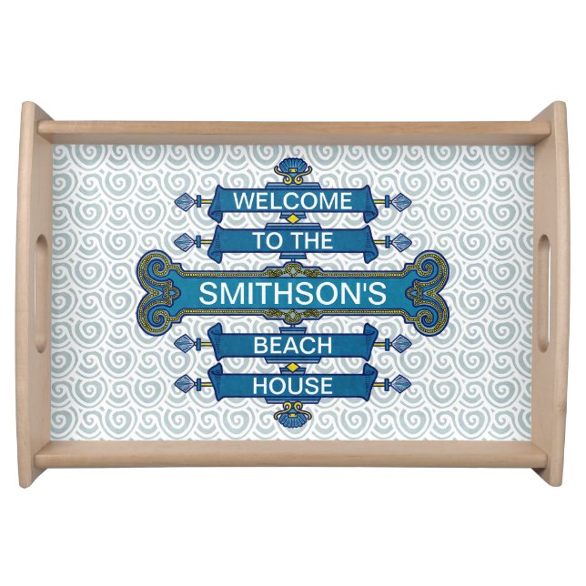 Beach House Sign Blue Scallop Swirls Custom Name Serving Tray (Front)