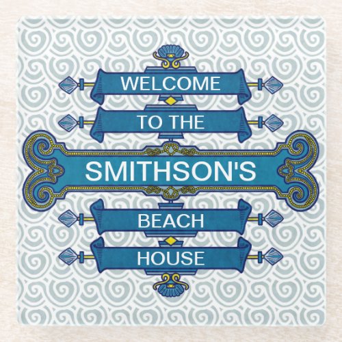 Beach House Sign Scallop Swirls Custom Name Blue Glass Coaster