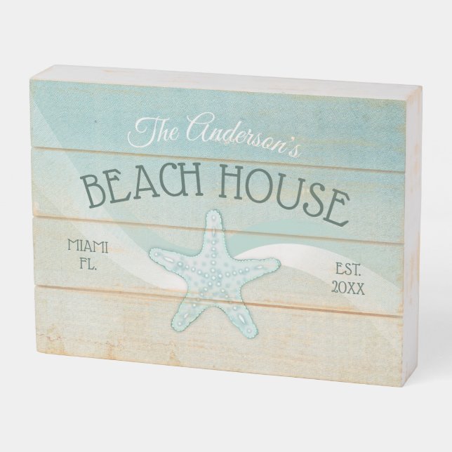 Beach House Starfish Aqua Blue ID623 Wooden Box Sign (Angled Horizontal)