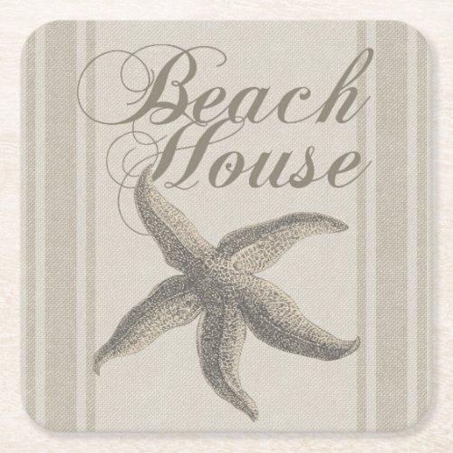 Beach House Starfish Seashore Square Paper Coaster
