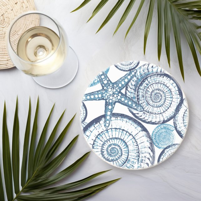 Beach House Starfish Shell Blue White Coaster (Creator Uploaded)