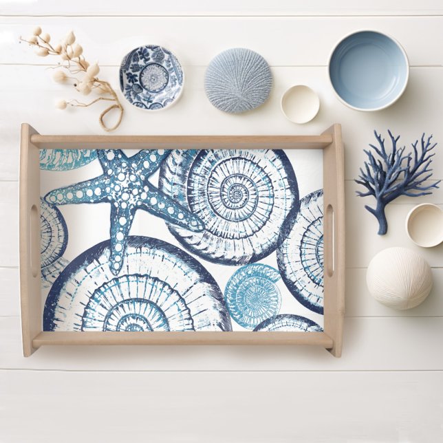 Beach House Starfish Shell Blue White Serving Tray (Creator Uploaded)