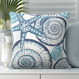 Beach House Starfish Shell Blue White Throw Pillow