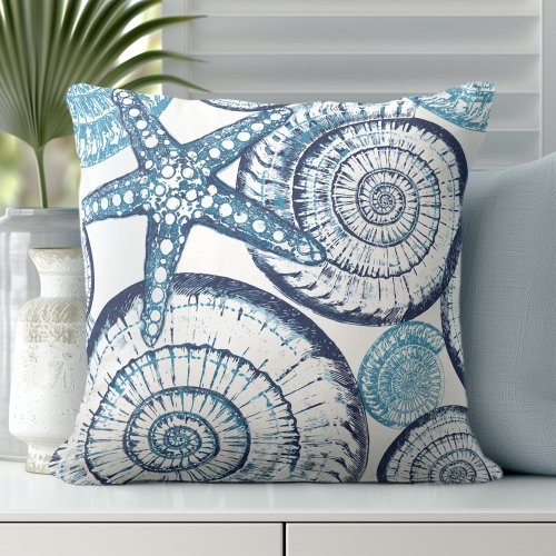 Beach House Starfish Shell Blue White Throw Pillow