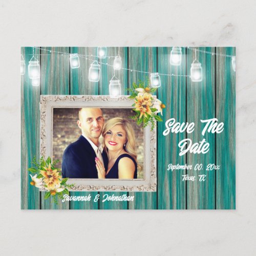 Beach house string lights country blue wood chic announcement postcard