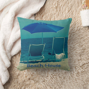 Beach House Summer Blue Sea Umbrella Chairs Throw Pillow