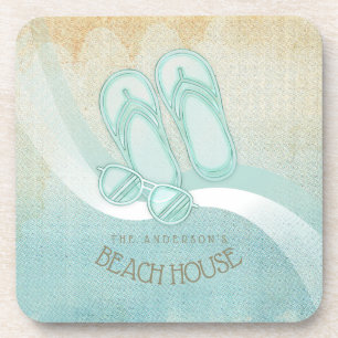 Beach House Sunglasses and Flip Flops Aqua ID623 Beverage Coaster