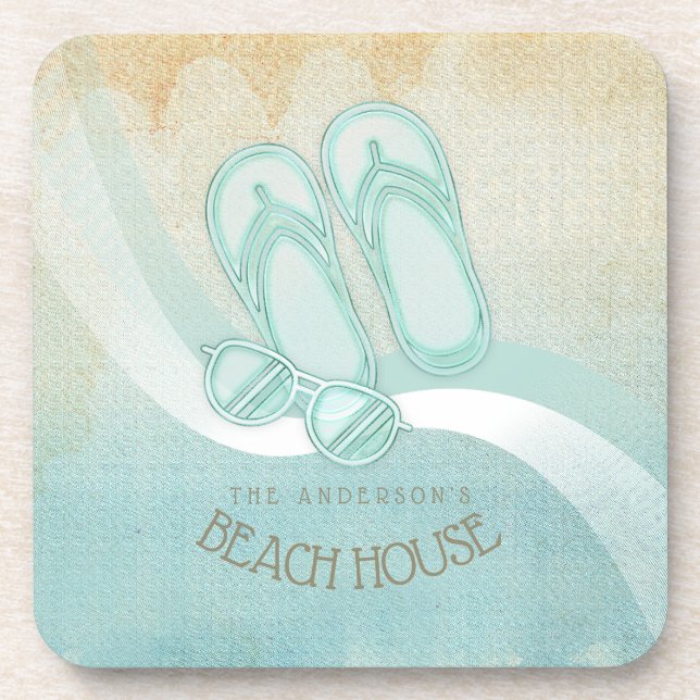 Beach House Sunglasses and Flip Flops Aqua ID623 Beverage Coaster (Front)