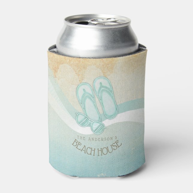 Beach House Sunglasses and Flip Flops Aqua ID623 Can Cooler (Can Front)