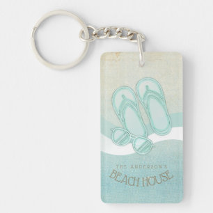 Beach House Sunglasses and Flip Flops Aqua ID623 Keychain