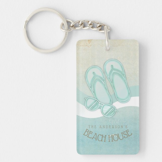 Beach House Sunglasses and Flip Flops Aqua ID623 Keychain (Front)