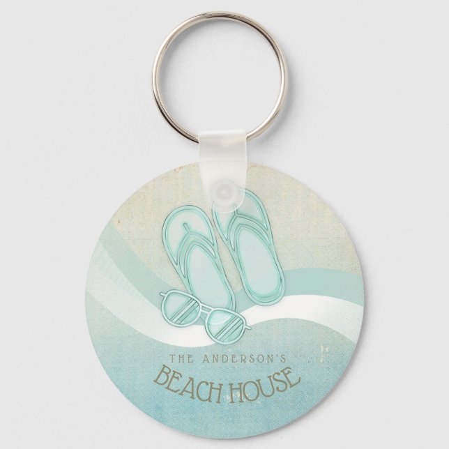 Beach House Sunglasses and Flip Flops Aqua ID623 Keychain (Front)