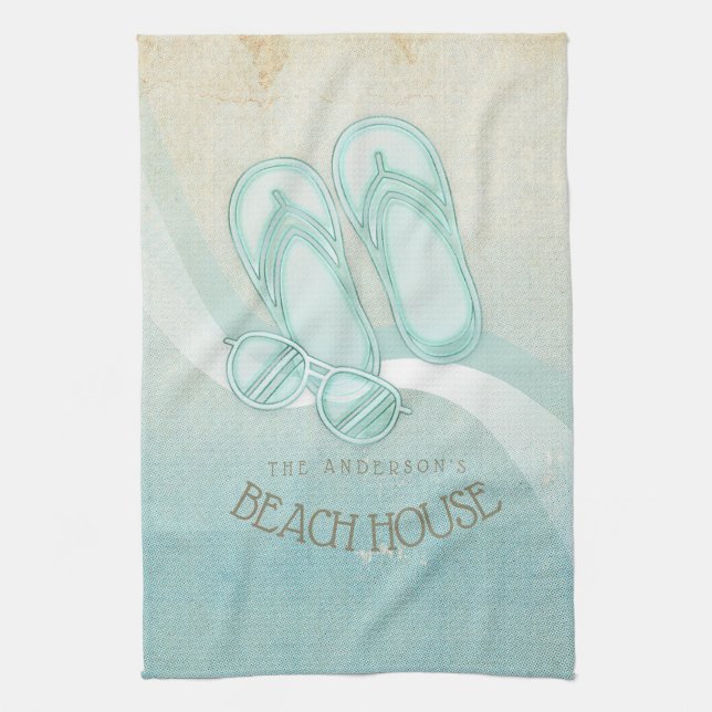 Beach House Sunglasses and Flip Flops Aqua ID623 Kitchen Towel (Vertical)
