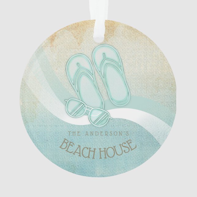 Beach House Sunglasses and Flip Flops Aqua ID623 Ornament (Back)