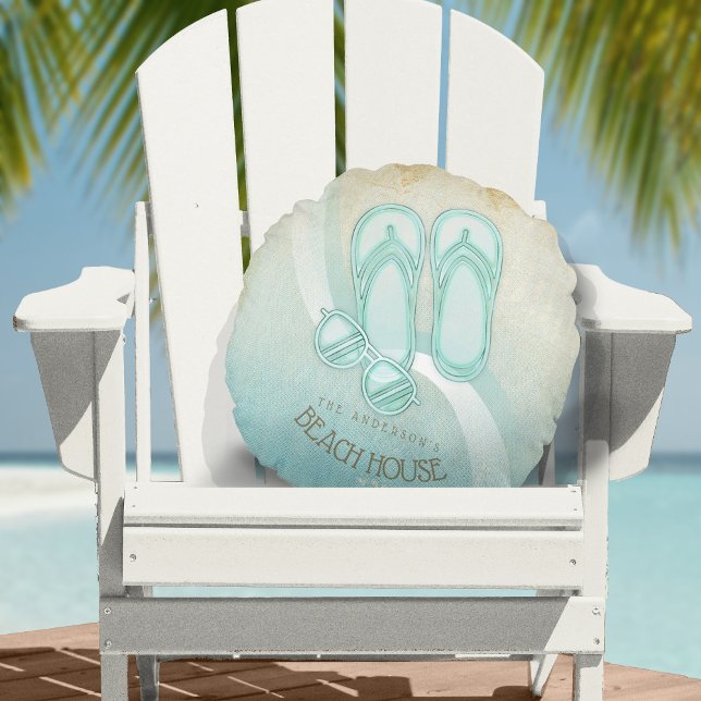 Beach House Sunglasses and Flip Flops Aqua ID623 Round Pillow (Creator Uploaded)