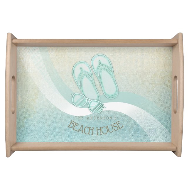 Beach House Sunglasses and Flip Flops Aqua ID623 Serving Tray (Front)
