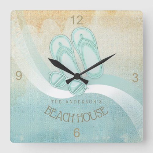 Beach House Sunglasses and Flip Flops Aqua ID623 Square Wall Clock