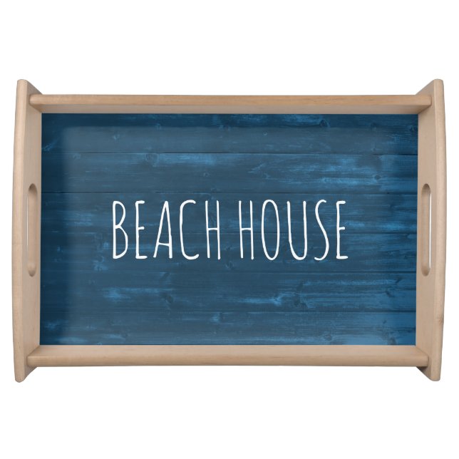 Beach House Taupe Blue Wood Serving Tray (Front)