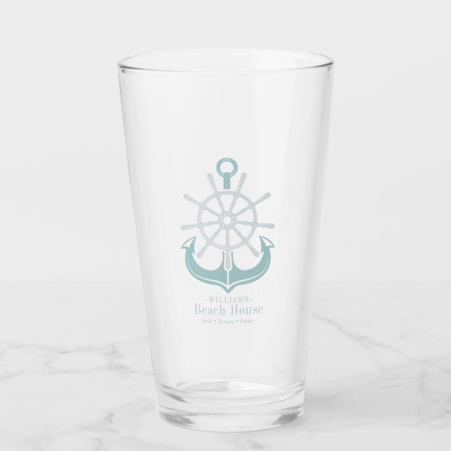 Beach House Teal Family Name Anchor Glass (Front)