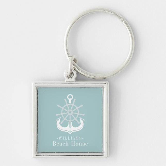 Beach House Teal Family Name Anchor Keychain (Front)