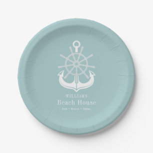 Beach House Teal Family Name Anchor Paper Plates