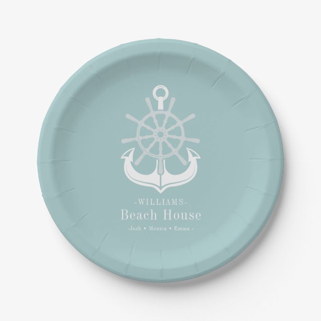 Beach House Teal Family Name Anchor Paper Plates (Front)
