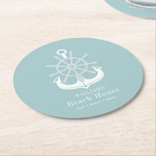 Beach House Teal Family Name Anchor Round Paper Coaster