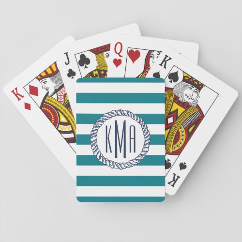 Beach House Teal Stripe  Nautical Navy Monogram Poker Cards