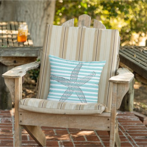 Beach House Teal Stripe Starfish  Outdoor Pillow