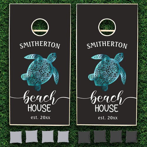 Beach House Turquoise Turtle Black Name Family Cornhole Set