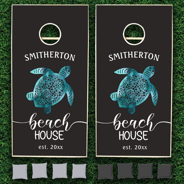 Beach House Turquoise Turtle Black Name Family Cornhole Set (Teal turtle on black custom Beach House cornhole set. Personalize with your own text.)