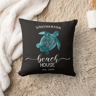 Beach House Turquoise Turtle Black Name Family  Throw Pillow