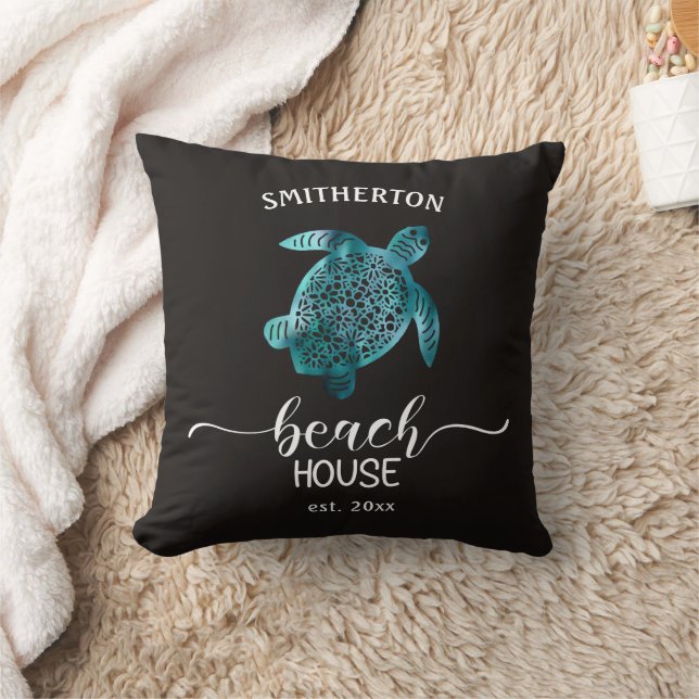 Beach House Turquoise Turtle Black Name Family  Throw Pillow (Blanket)