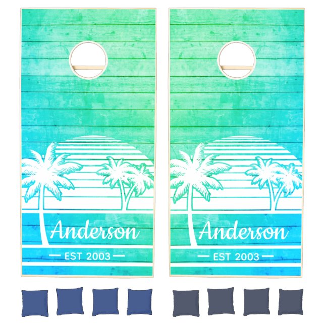 Beach House Turquoise Wood Palm Tree Family Name  Cornhole Set (Set)