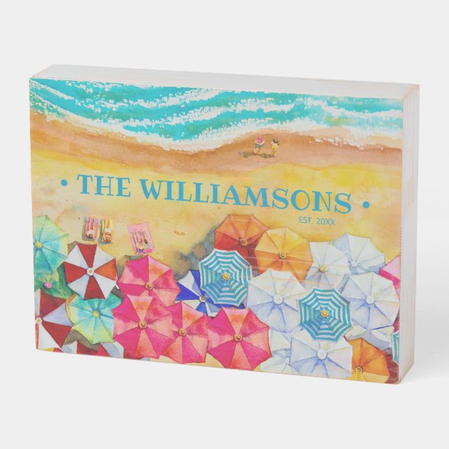 Beach House Umbrellas in the Sand Wooden Box Sign (Angled Horizontal)
