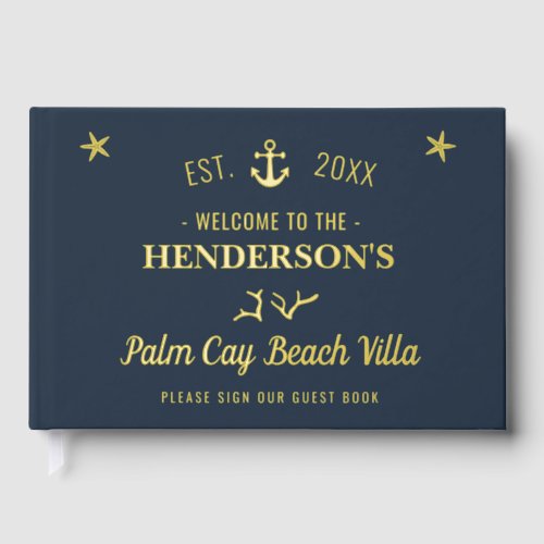 Beach House Vacation Rental Nautical Custom Gold Foil Guest Book