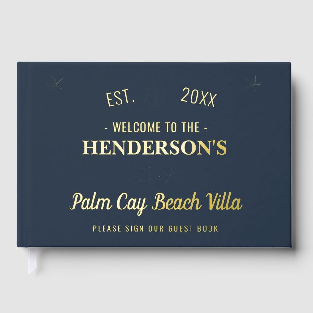 Beach House Vacation Rental Nautical Custom Gold Foil Guest Book (Front)