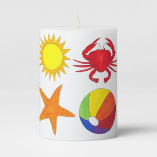 Beach House Vacation Starfish Crab Beachball Sun Pillar Candle