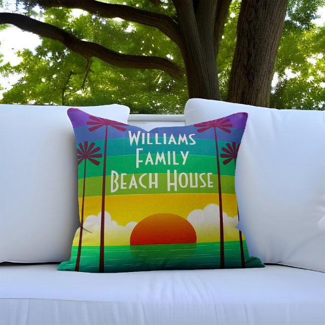 Beach House Vibrant Sunset Rainbow Sky Tropical Outdoor Pillow (Miami deco beach house throw pillow with a rainbow sunset design. Personalized with family name!)