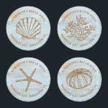Beach House Vintage Sea Shells Coral Custom Coaster Set<br><div class="desc">Super cute set of coasters featuring vintage style sea graphics - a shell, sea urchin, starfish, and coral all set against a weathered blue wood background. Add two lines of custom text to personalize. Perfect for a beach house, vacation rental, nautical seaside cottage, beach wedding and more - great as...</div>
