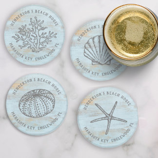 Beach House Vintage Sea Shells Coral Custom Coaster Set