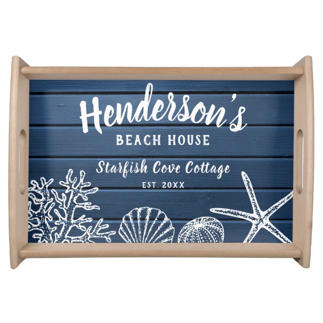 Beach House Vintage Sea Shells Family Name Custom Serving Tray (Front)
