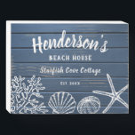 Beach House Vintage Seashells Custom Text  Wooden Box Sign<br><div class="desc">A super cute beach house wooden box sign featuring vintage sea shells,  coral,  starfish and sea urchin set against a nautical blue faux wood background.  Add 4 lines of custom text to personalize.  Perfect for a beach house,  ocean side vacation rental,  beach wedding,  housewarming gift and more.</div>