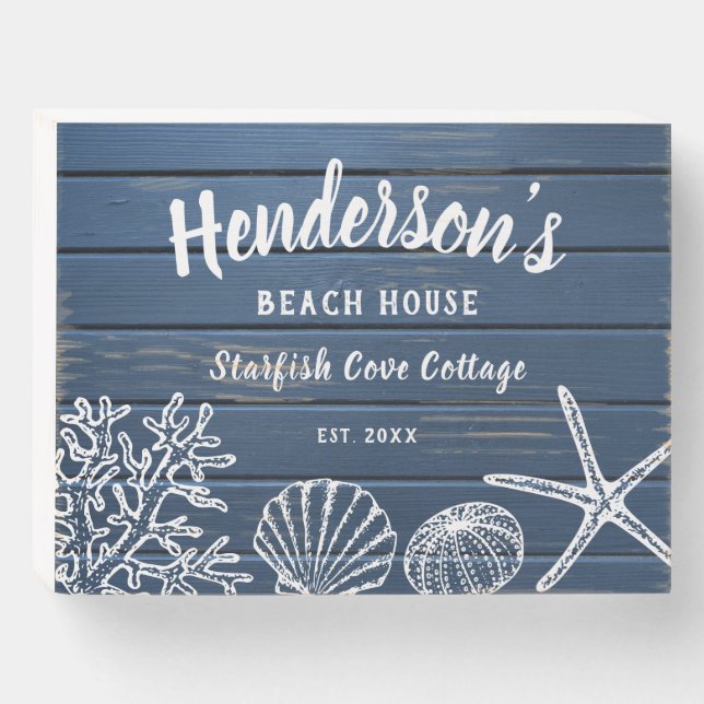 Beach House Vintage Seashells Custom Text  Wooden Box Sign (Front Horizontal)