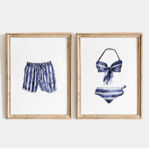 Beach House Wall Art, Vintage Striped Swimsuit Set