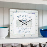 Beach House Watercolor Adirondack Chair Crab Name  Clock<br><div class="desc">Personalized with your family name or message in a fun script handwriting font.  Watercolor blue crab and cottage white wood border as well as a pair of Adirondack chairs were created by internationally licensed artist and designer,  Audrey Jeanne Roberts,  copyright.</div>
