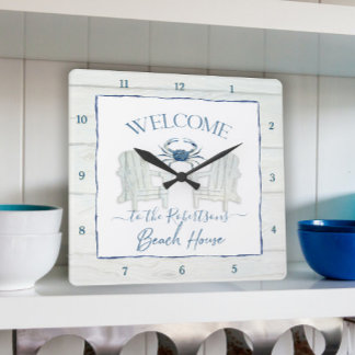 Beach House Watercolor Adirondack Chair Crab Name Square Wall Clock