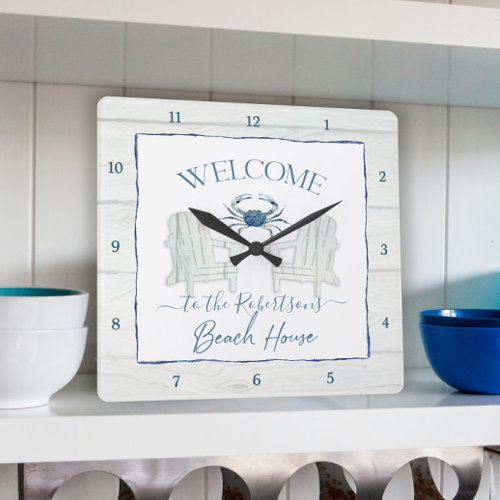 Beach House Watercolor Adirondack Chair Crab Name Square Wall Clock