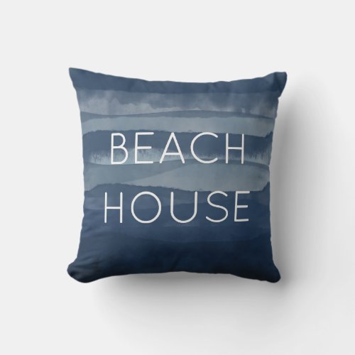 Beach House Watercolor Navy Blue Ocean Outdoor Pillow